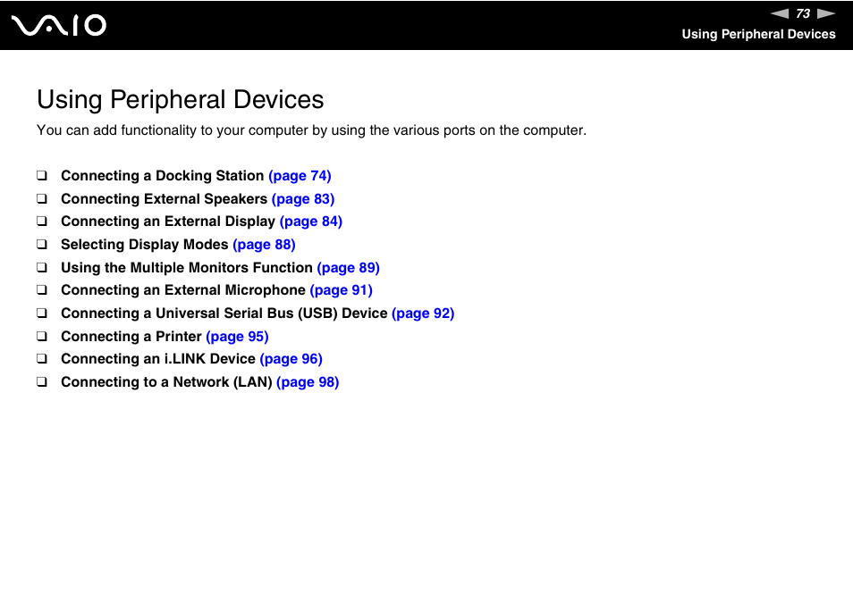 Using peripheral devices | Sony VGN-SZ230P User Manual | Page 73 / 224