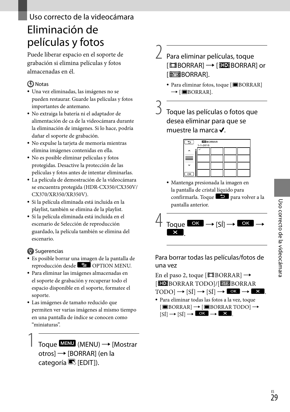 Uso correcto de la videocámara, Eliminación de películas y fotos | Sony HDR-CX300 User Manual | Page 105 / 155