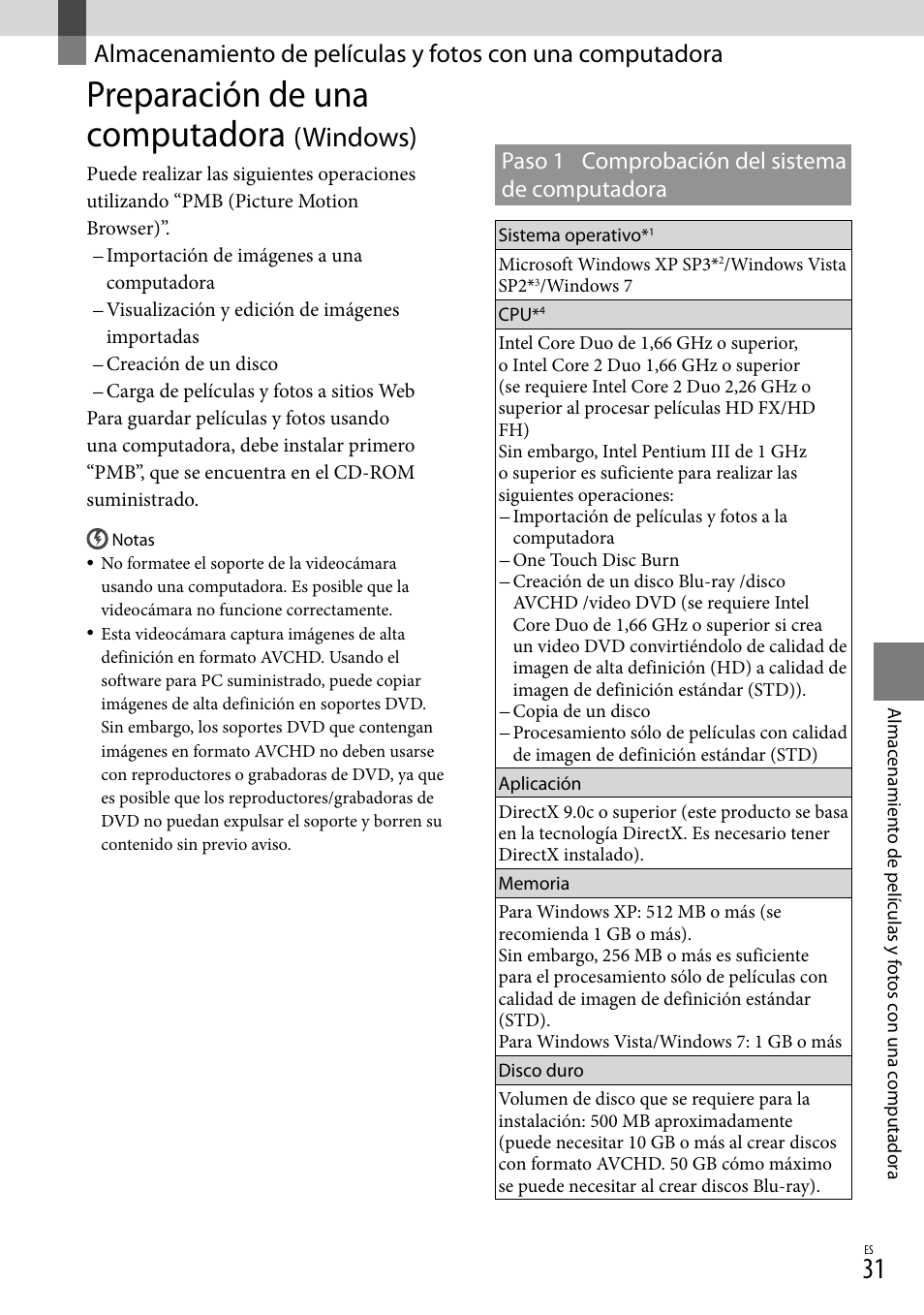 Preparación de una computadora (windows), Preparación de una computadora, Windows) | Paso 1 comprobación del sistema de computadora | Sony HDR-CX300 User Manual | Page 107 / 155