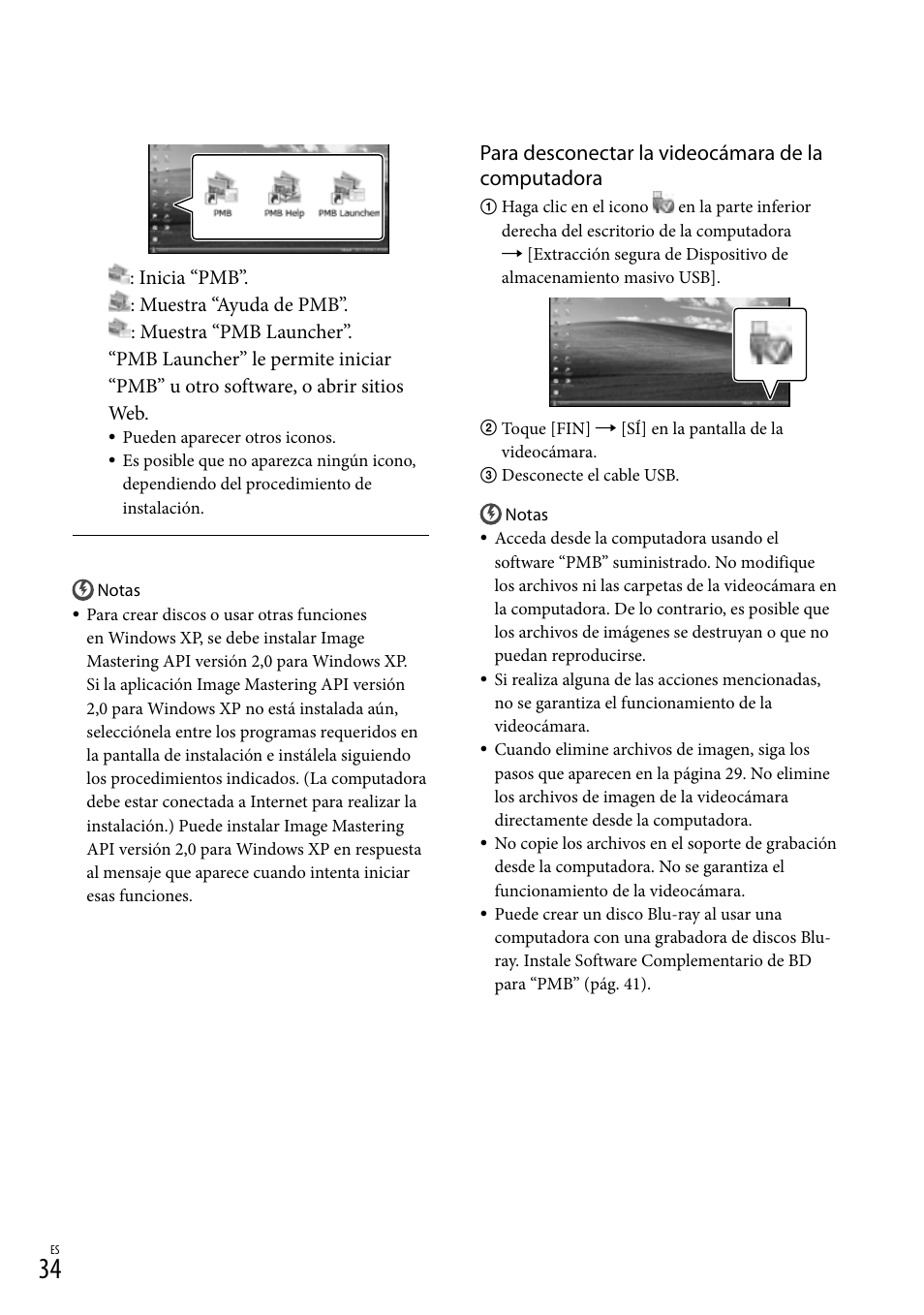 Para desconectar la videocámara de la computadora | Sony HDR-CX300 User Manual | Page 110 / 155