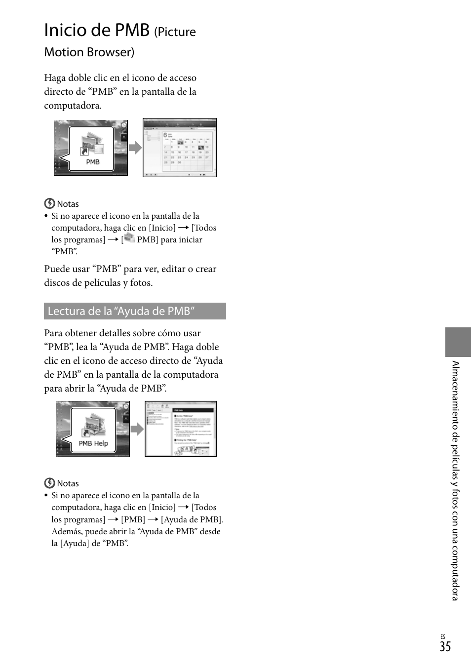 Inicio de pmb (picture motion browser), Inicio de pmb, Picture motion browser) | Lectura de la “ayuda de pmb | Sony HDR-CX300 User Manual | Page 111 / 155