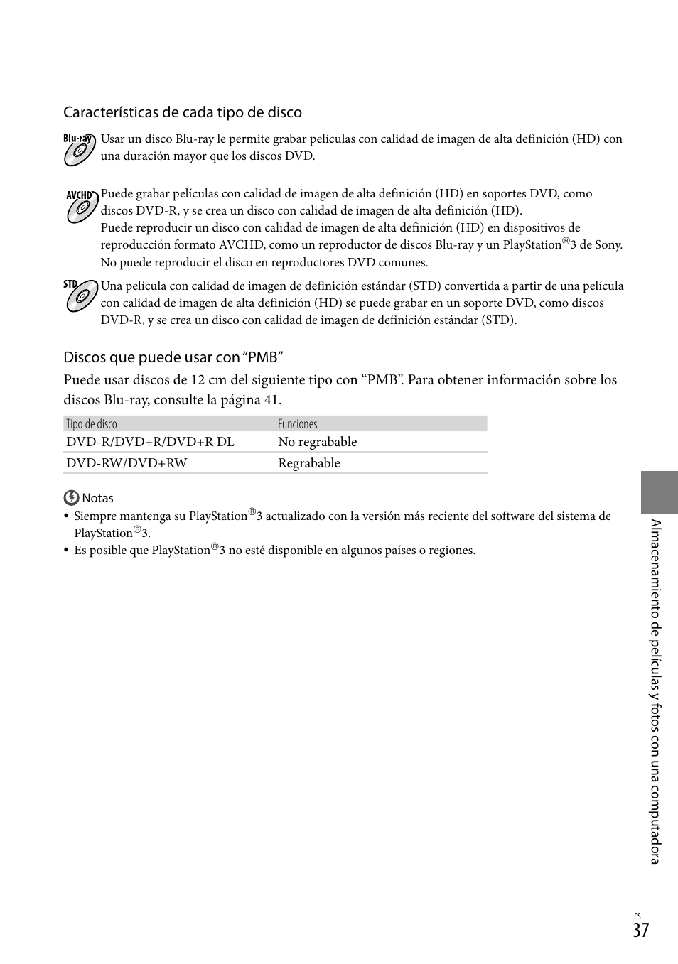 Características de cada tipo de disco, Discos que puede usar con “pmb | Sony HDR-CX300 User Manual | Page 113 / 155