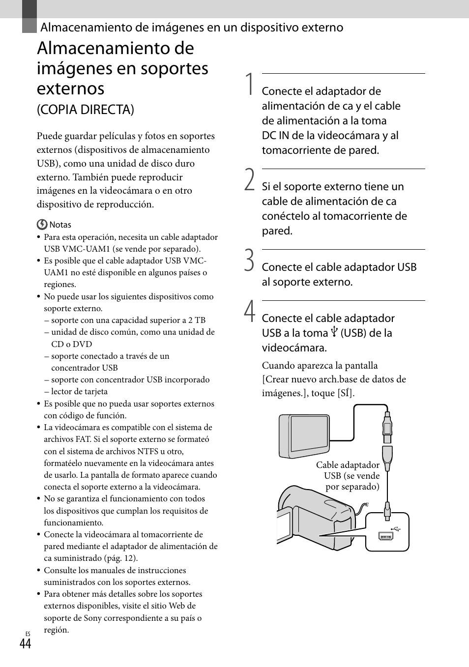 Almacenamiento de imágenes en soportes externos, Copia directa) | Sony HDR-CX300 User Manual | Page 120 / 155