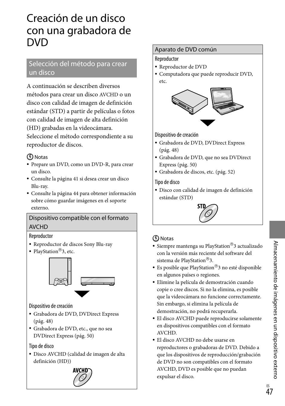 Creación de un disco con una grabadora de dvd, Selección del método para crear un disco | Sony HDR-CX300 User Manual | Page 123 / 155