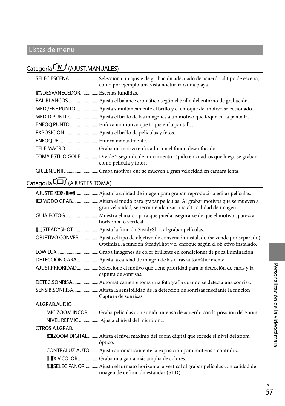 Listas de menú | Sony HDR-CX300 User Manual | Page 133 / 155