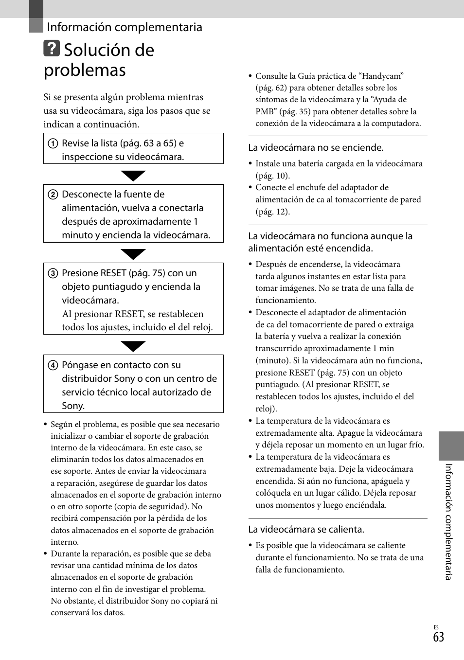 Información complementaria, Solución de problemas | Sony HDR-CX300 User Manual | Page 139 / 155