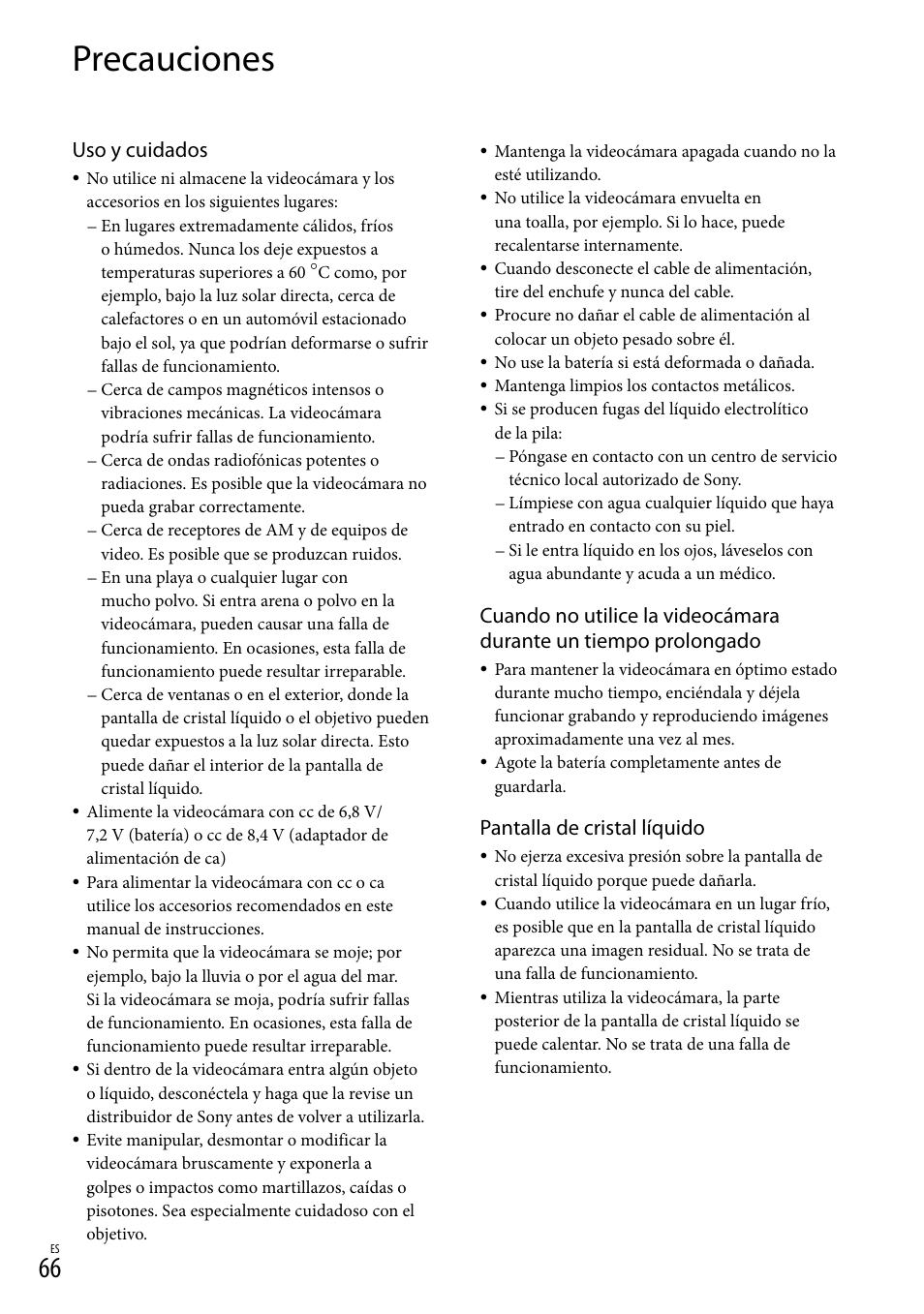 Precauciones, Uso y cuidados, Pantalla de cristal líquido | Sony HDR-CX300 User Manual | Page 142 / 155