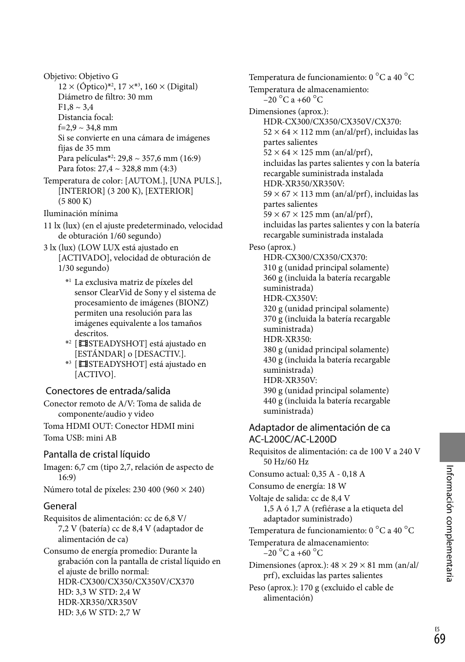 Conectores de entrada/salida, Pantalla de cristal líquido, General | Sony HDR-CX300 User Manual | Page 145 / 155