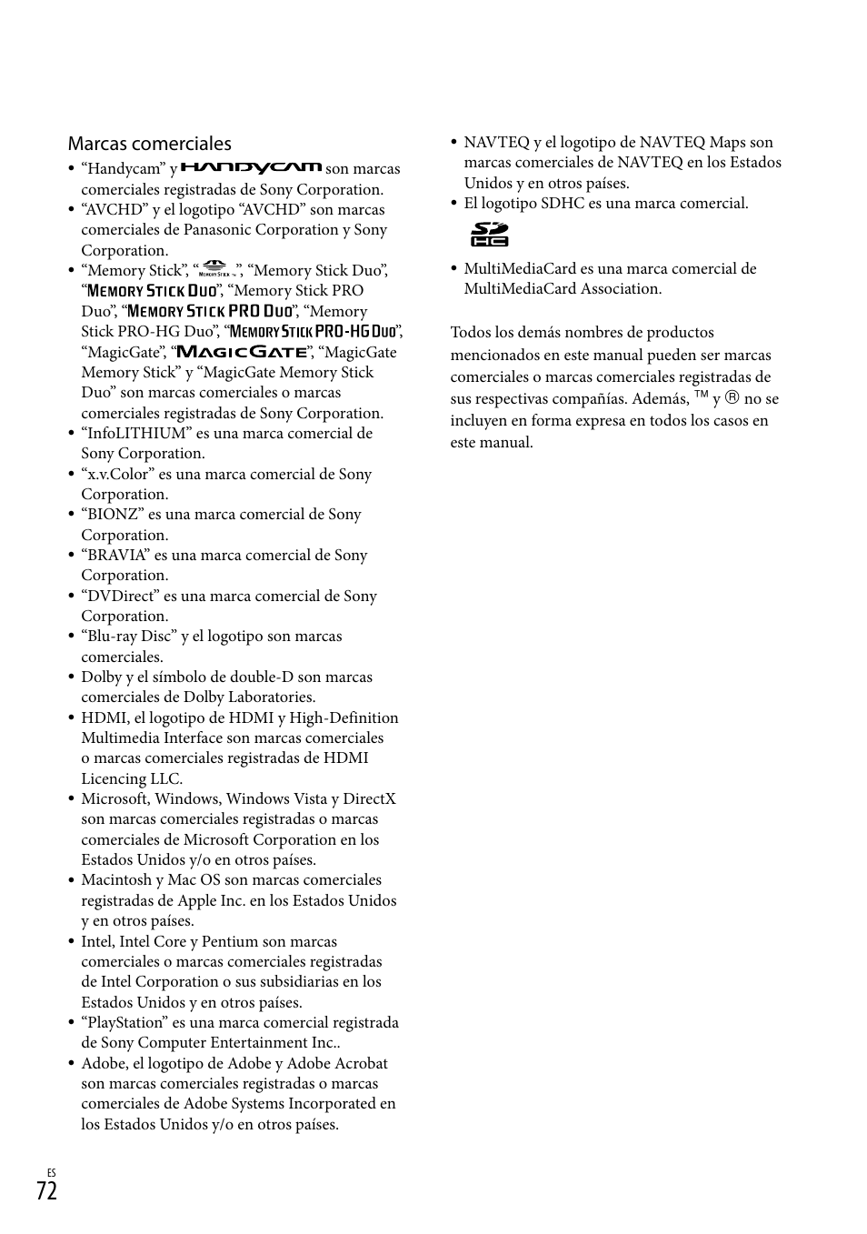 Marcas comerciales | Sony HDR-CX300 User Manual | Page 148 / 155
