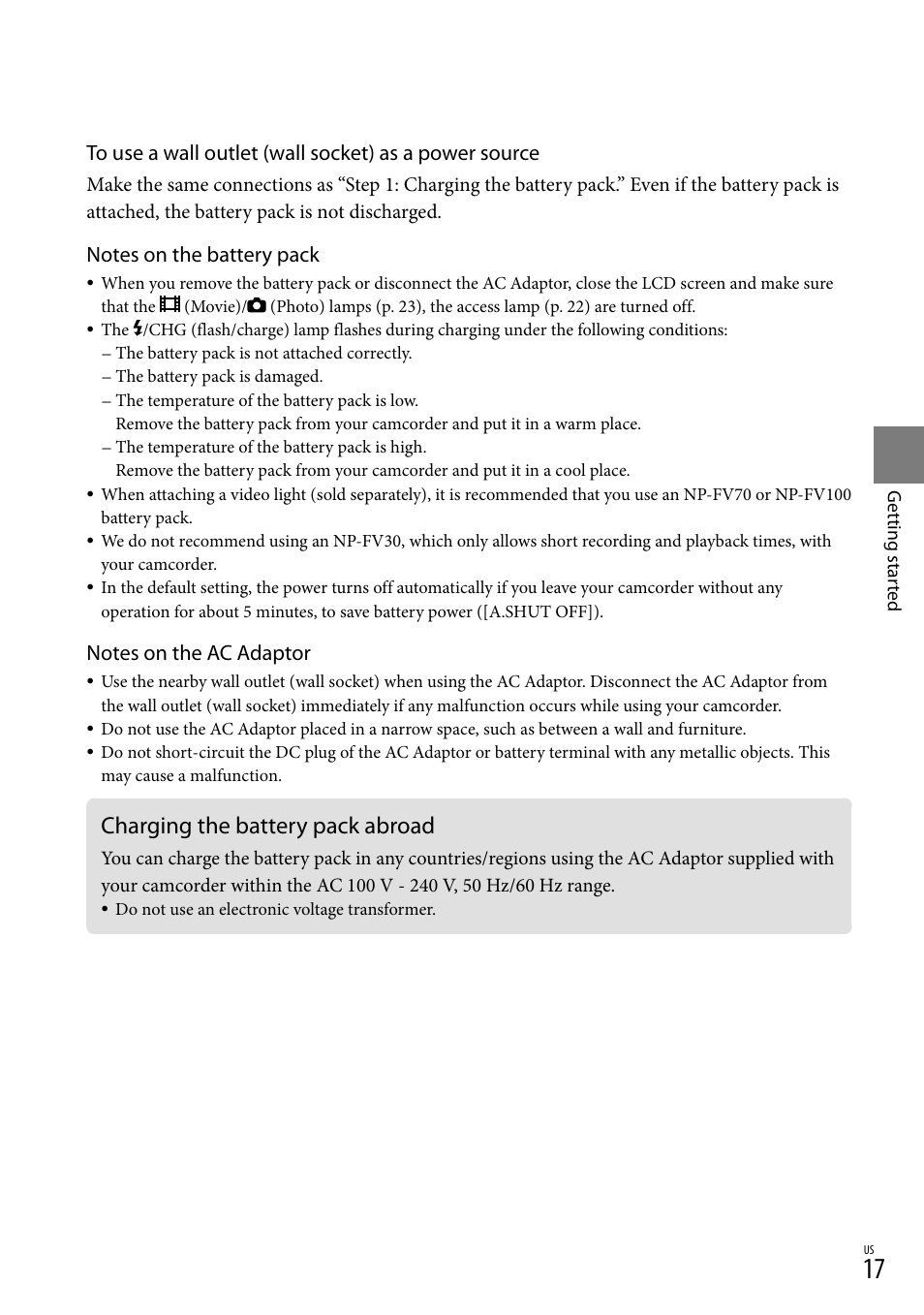 Charging the battery pack abroad | Sony HDR-CX300 User Manual | Page 17 / 155