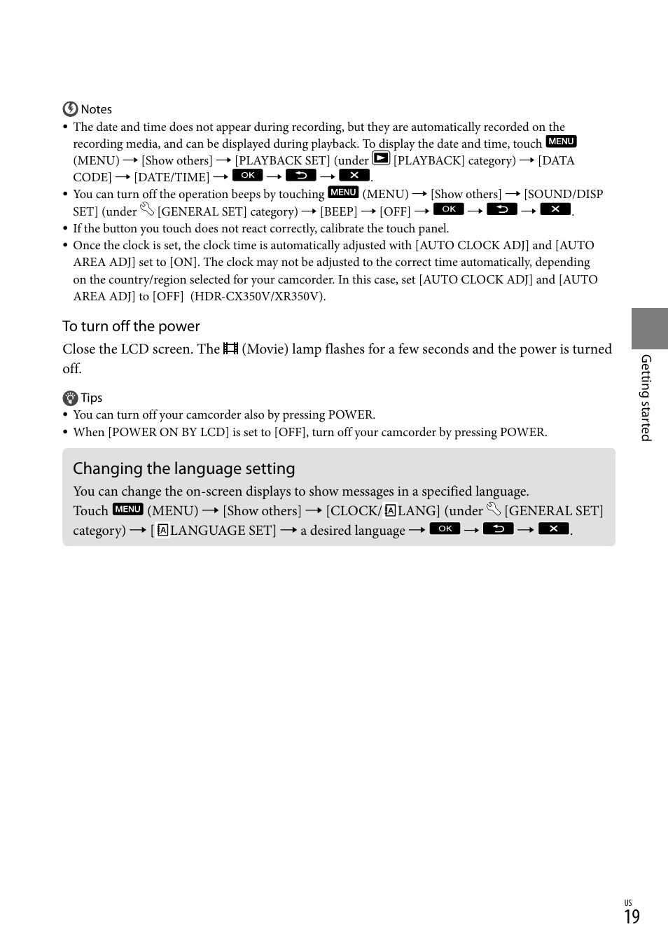 Changing the language setting | Sony HDR-CX300 User Manual | Page 19 / 155