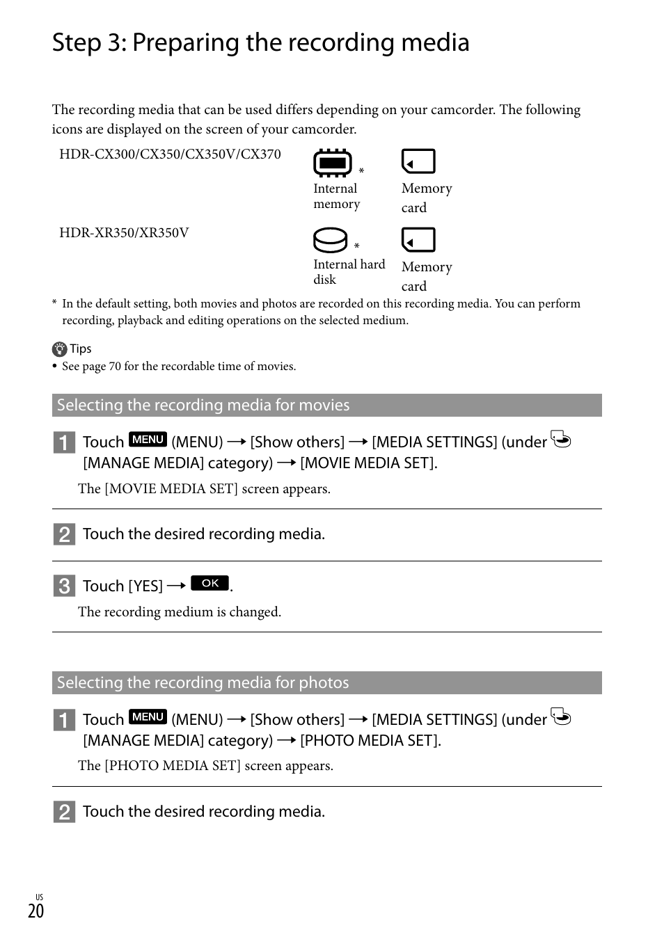 Step 3: preparing the recording media | Sony HDR-CX300 User Manual | Page 20 / 155