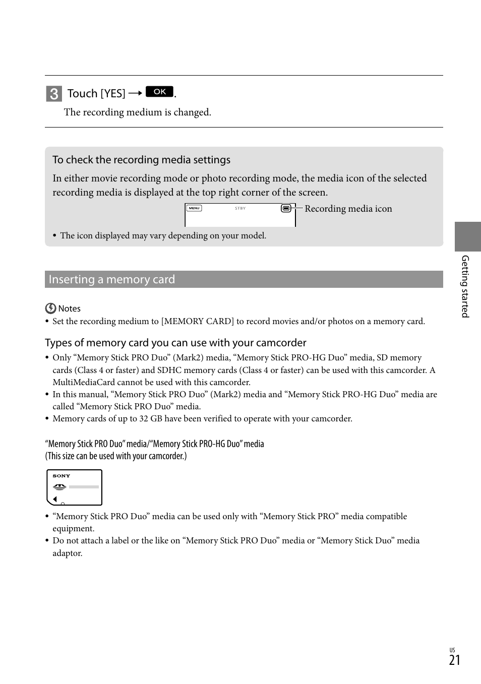 To check the recording media settings, Touch [yes | Sony HDR-CX300 User Manual | Page 21 / 155