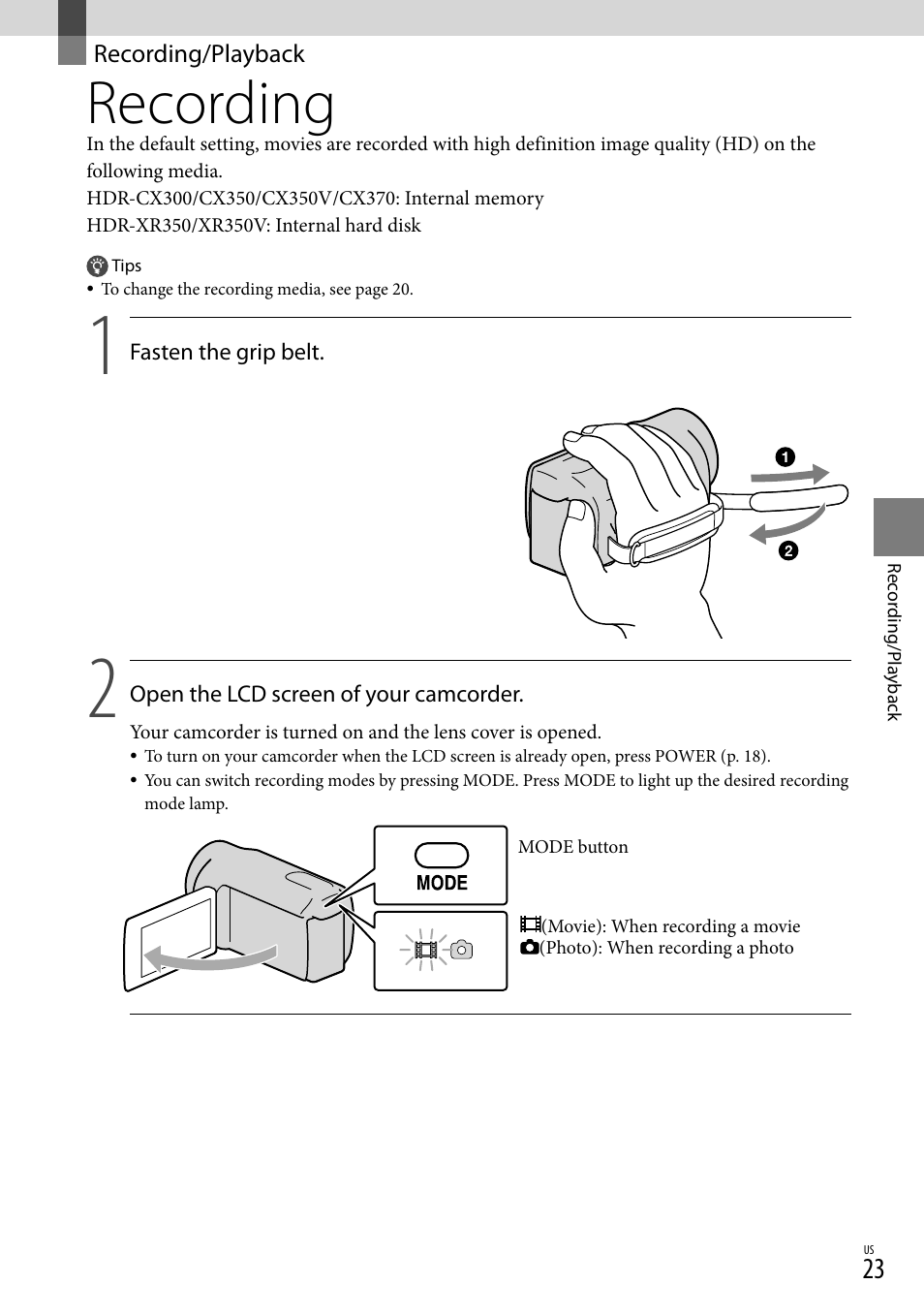 Recording/playback, Recording | Sony HDR-CX300 User Manual | Page 23 / 155