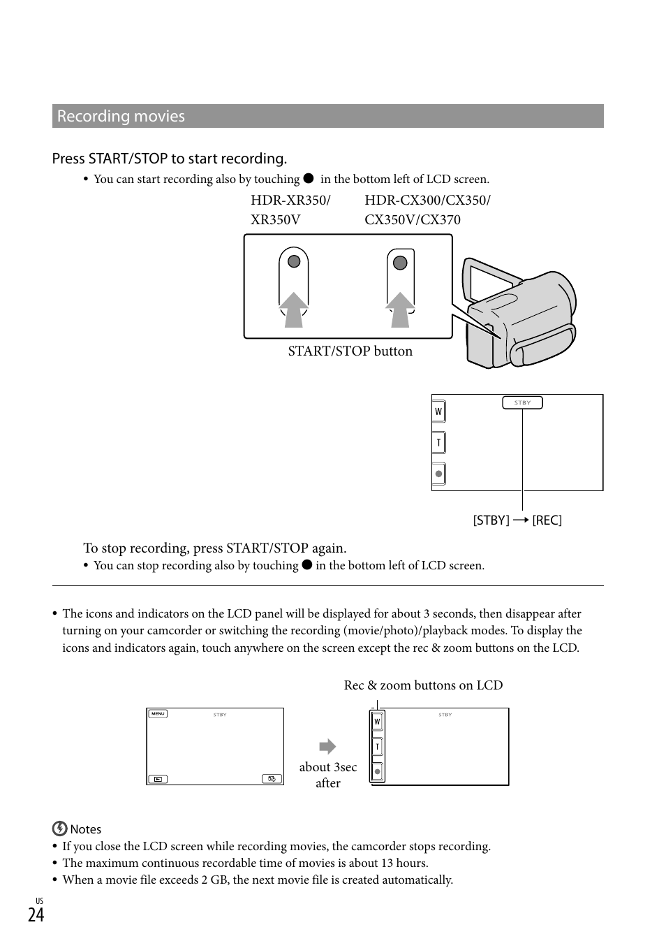 Recording movies | Sony HDR-CX300 User Manual | Page 24 / 155