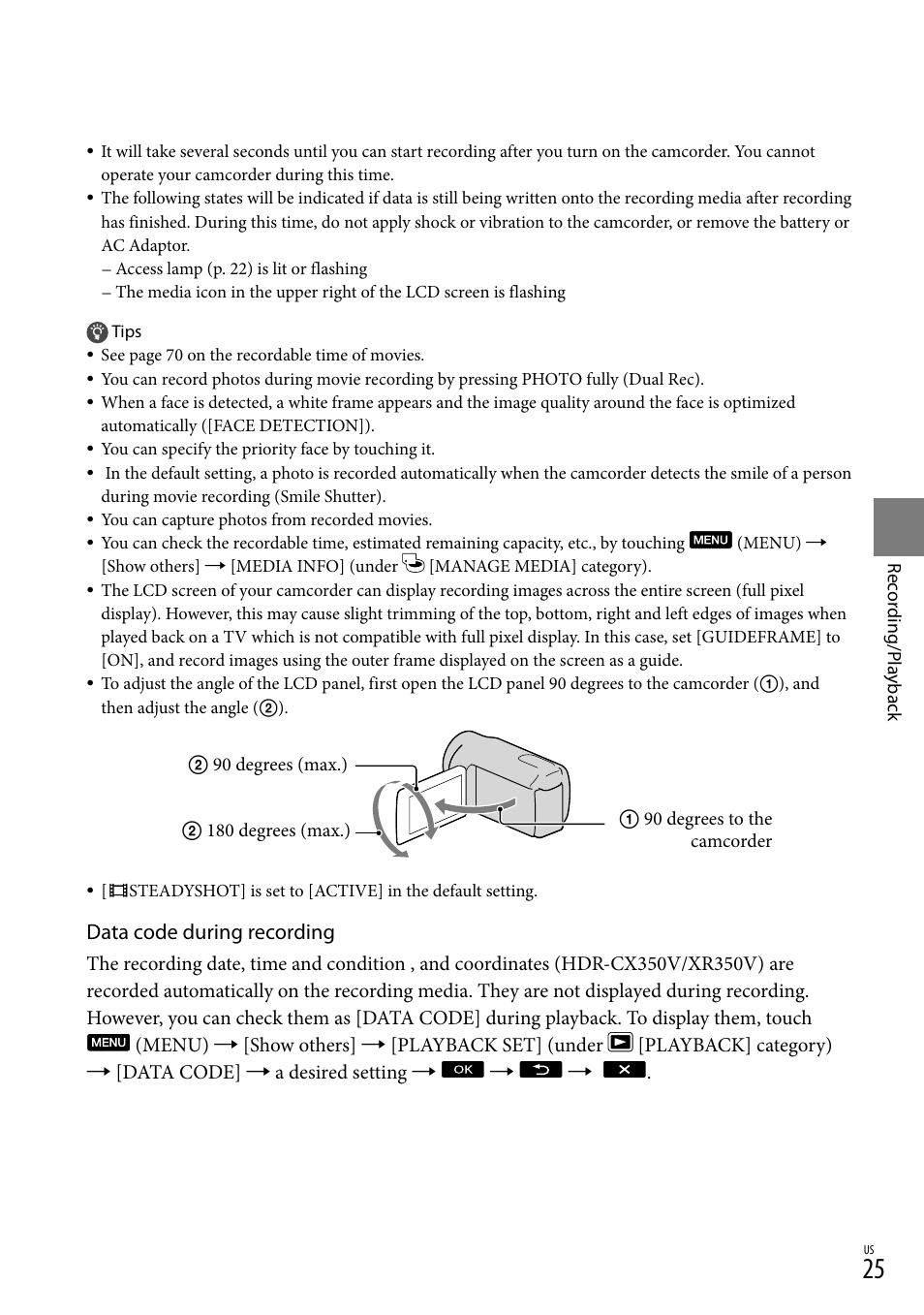 Data code during recording | Sony HDR-CX300 User Manual | Page 25 / 155