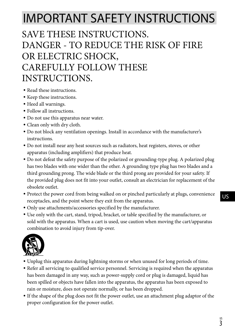 Important safety instructions, Carefully follow these instructions | Sony HDR-CX300 User Manual | Page 3 / 155