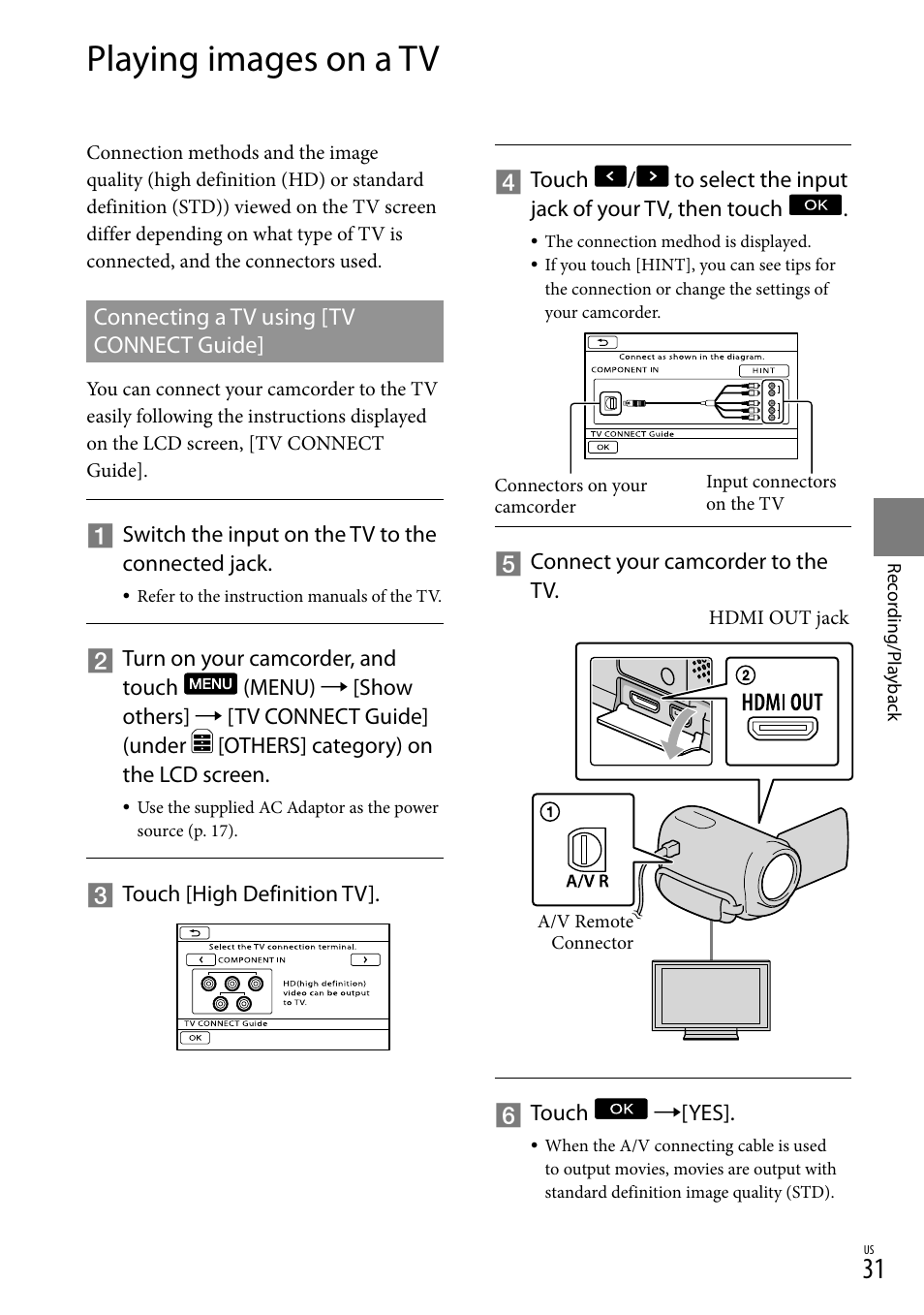 Playing images on a tv | Sony HDR-CX300 User Manual | Page 31 / 155