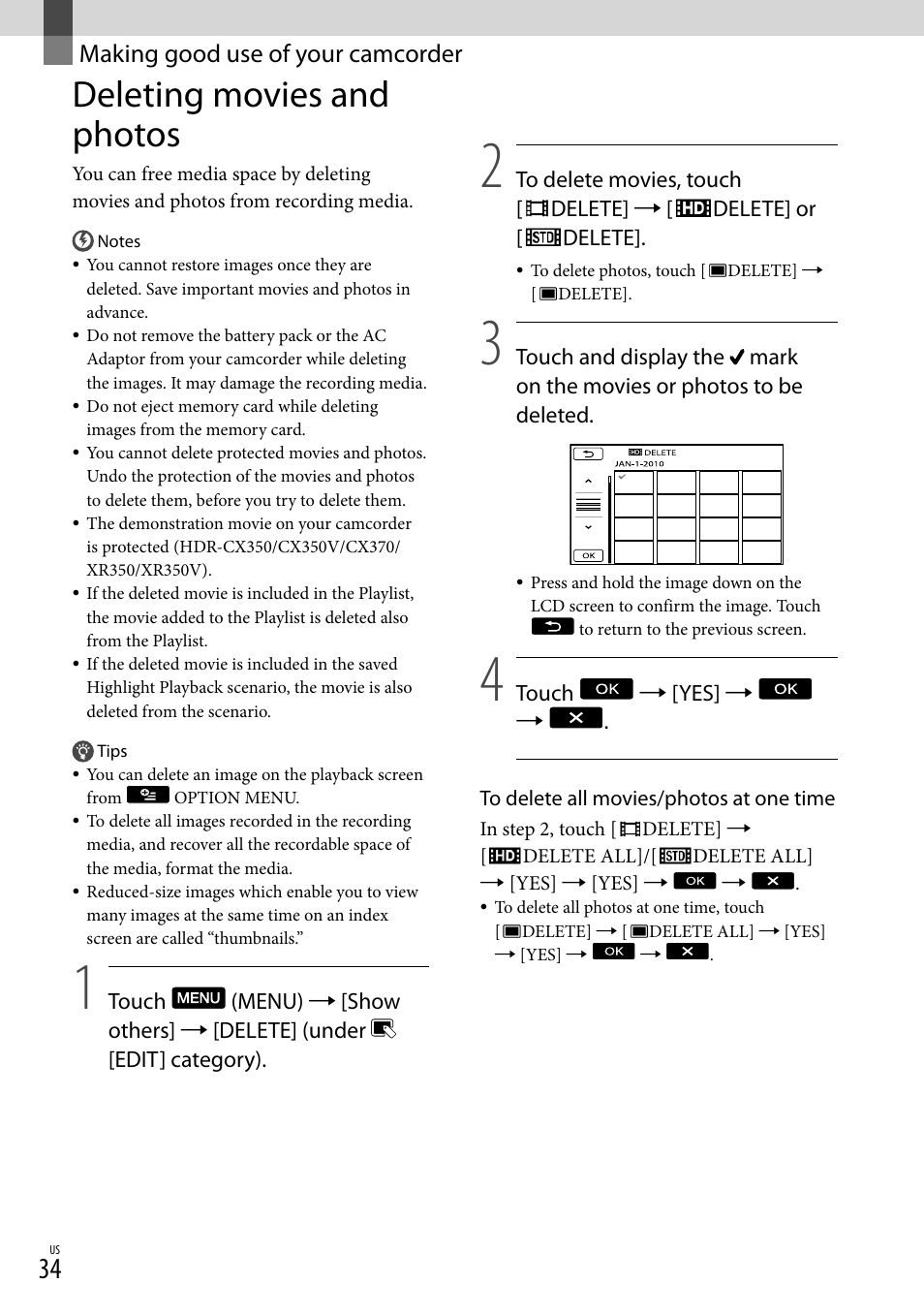 Making good use of your camcorder, Deleting movies and photos | Sony HDR-CX300 User Manual | Page 34 / 155