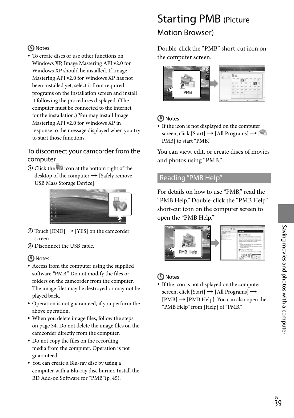 Starting pmb (picture motion browser), Starting pmb, Picture motion browser) | Reading “pmb help | Sony HDR-CX300 User Manual | Page 39 / 155