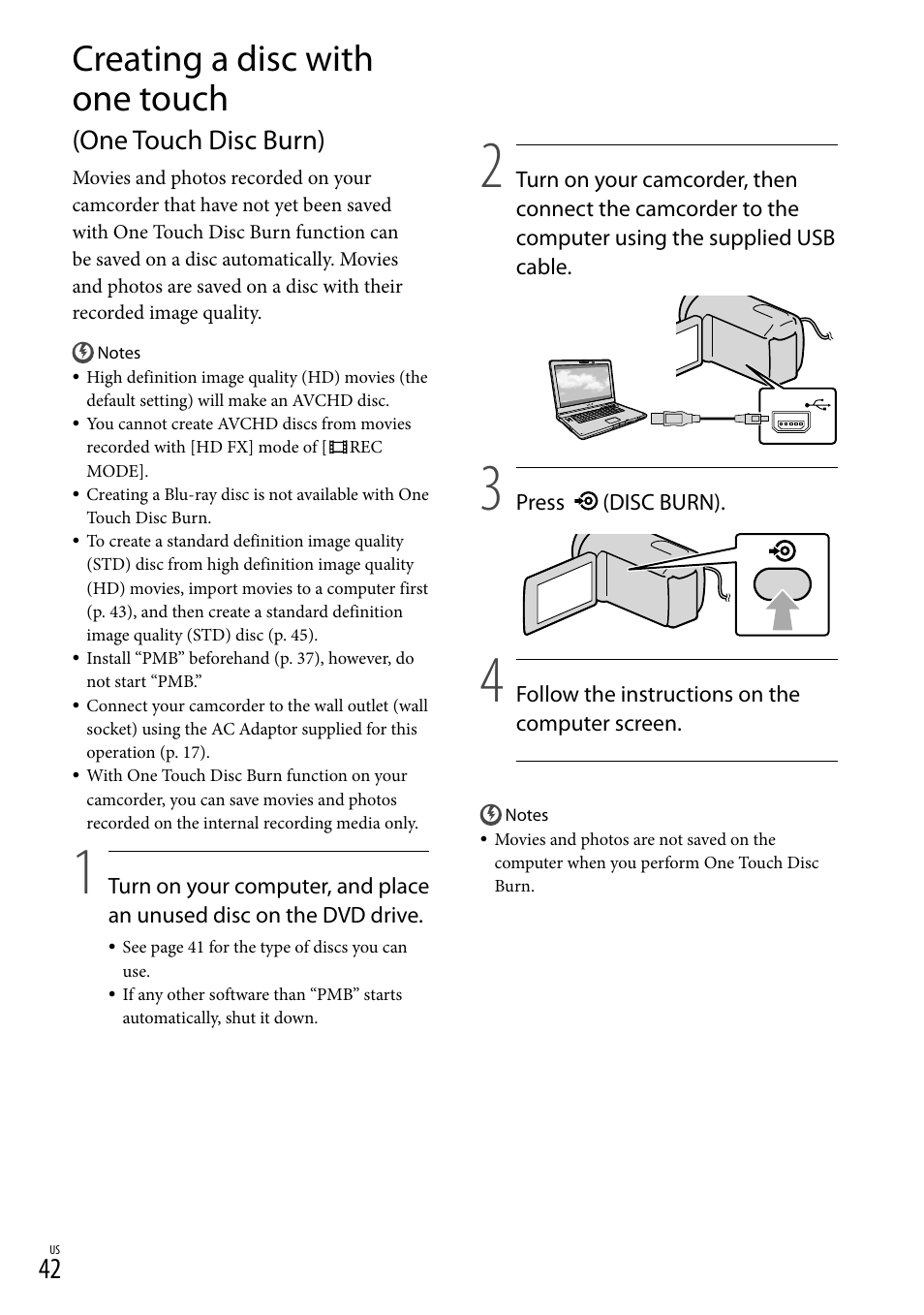 Creating a disc with one touch, One touch disc burn) | Sony HDR-CX300 User Manual | Page 42 / 155