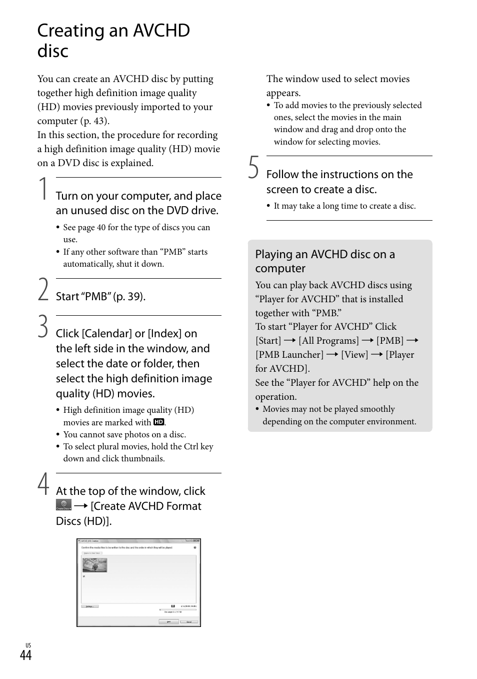 Creating an avchd disc, Playing an avchd disc on a computer | Sony HDR-CX300 User Manual | Page 44 / 155