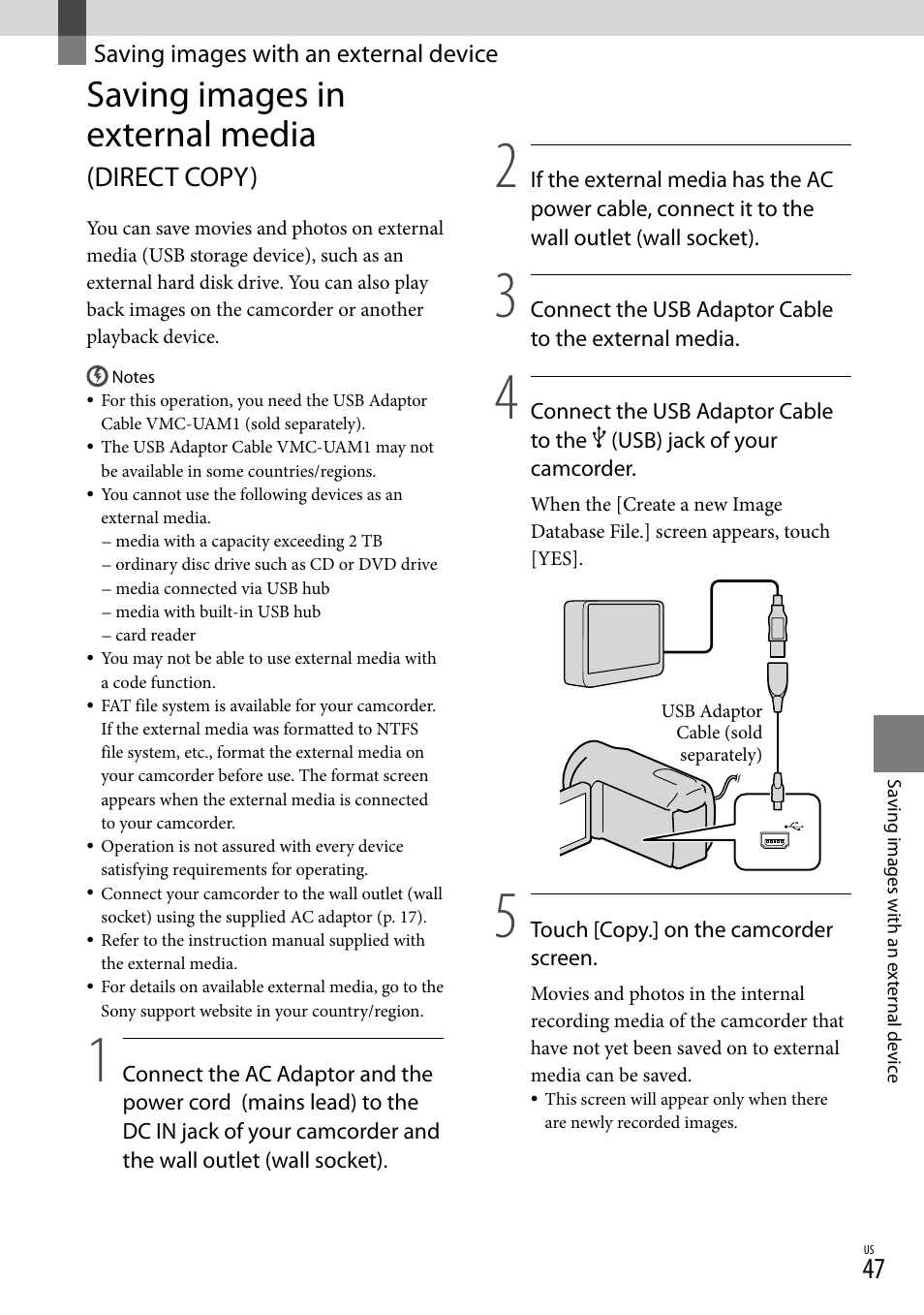 Saving images with an external device, Saving images in external media (direct copy), Saving images in external media | Direct copy) | Sony HDR-CX300 User Manual | Page 47 / 155