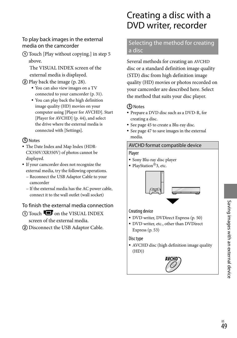 Creating a disc with a dvd writer, recorder, Selecting the method for creating a disc | Sony HDR-CX300 User Manual | Page 49 / 155