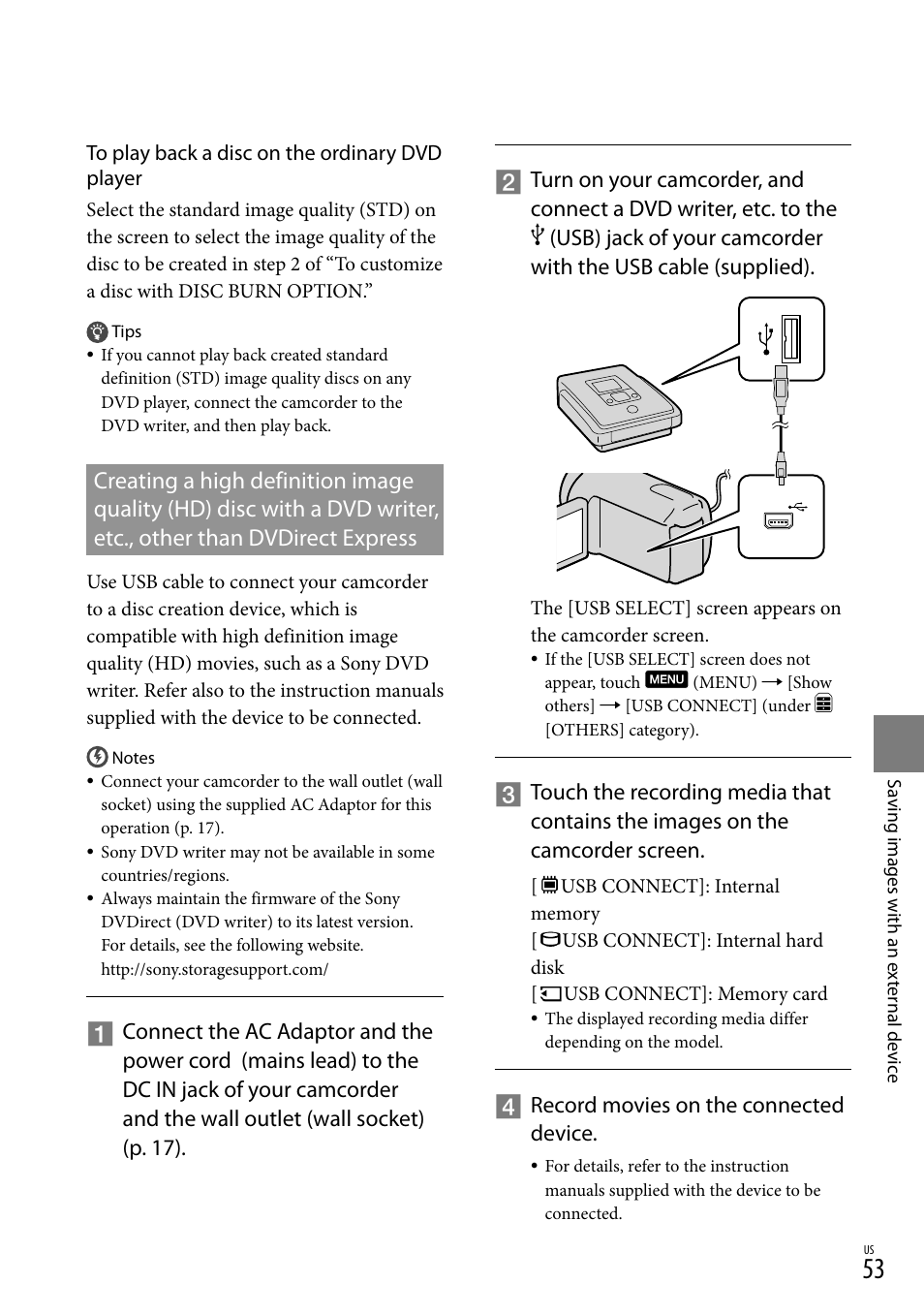 Record movies on the connected device | Sony HDR-CX300 User Manual | Page 53 / 155