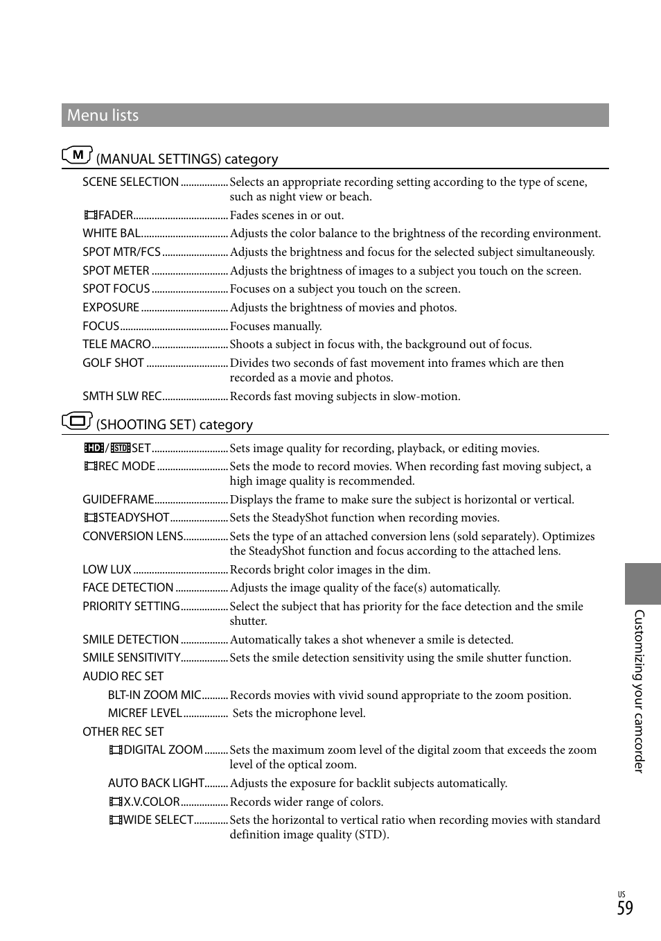 Menu lists | Sony HDR-CX300 User Manual | Page 59 / 155