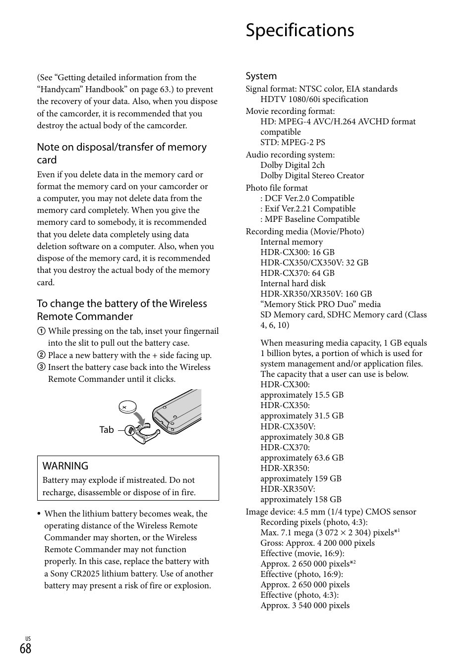 Specifications, Warning | Sony HDR-CX300 User Manual | Page 68 / 155