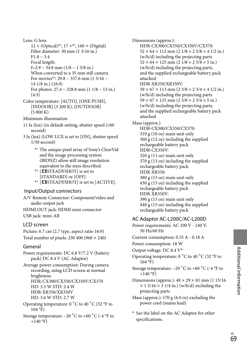 Input/output connectors, Lcd screen, General | Sony HDR-CX300 User Manual | Page 69 / 155