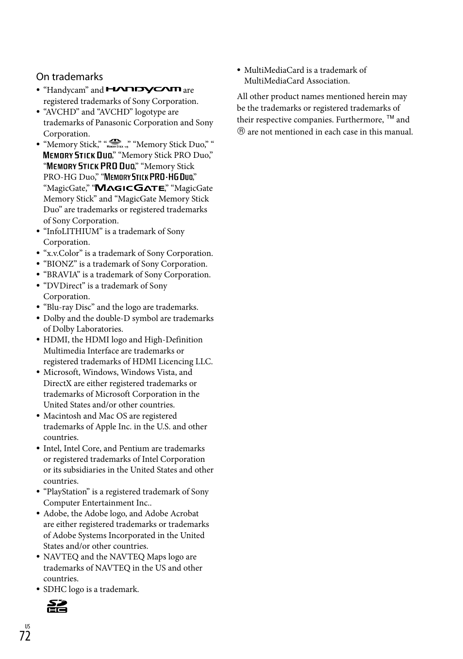 On trademarks | Sony HDR-CX300 User Manual | Page 72 / 155