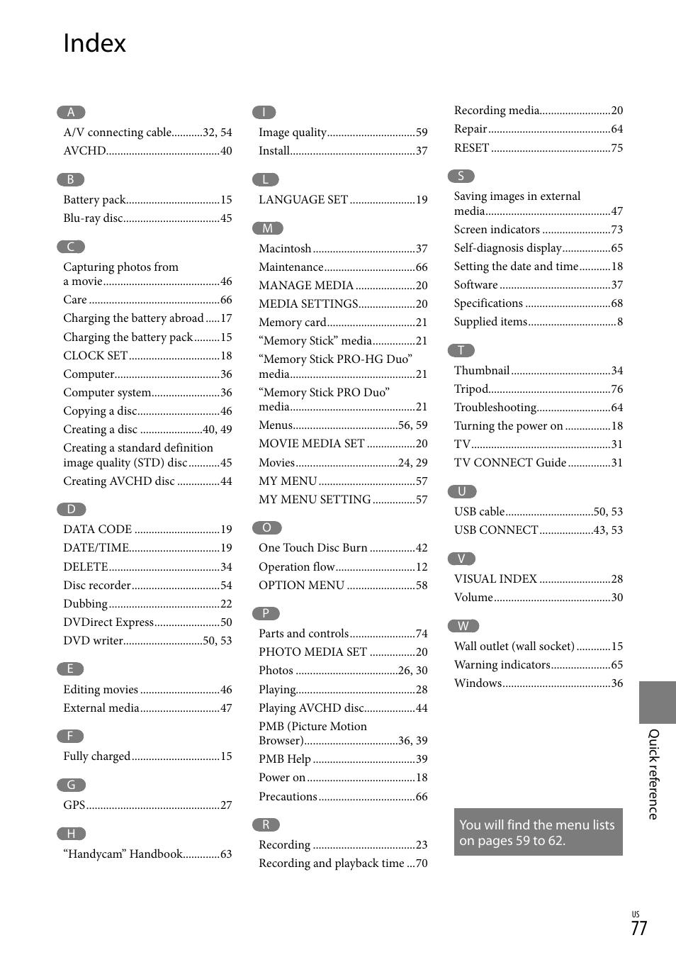 Index | Sony HDR-CX300 User Manual | Page 77 / 155