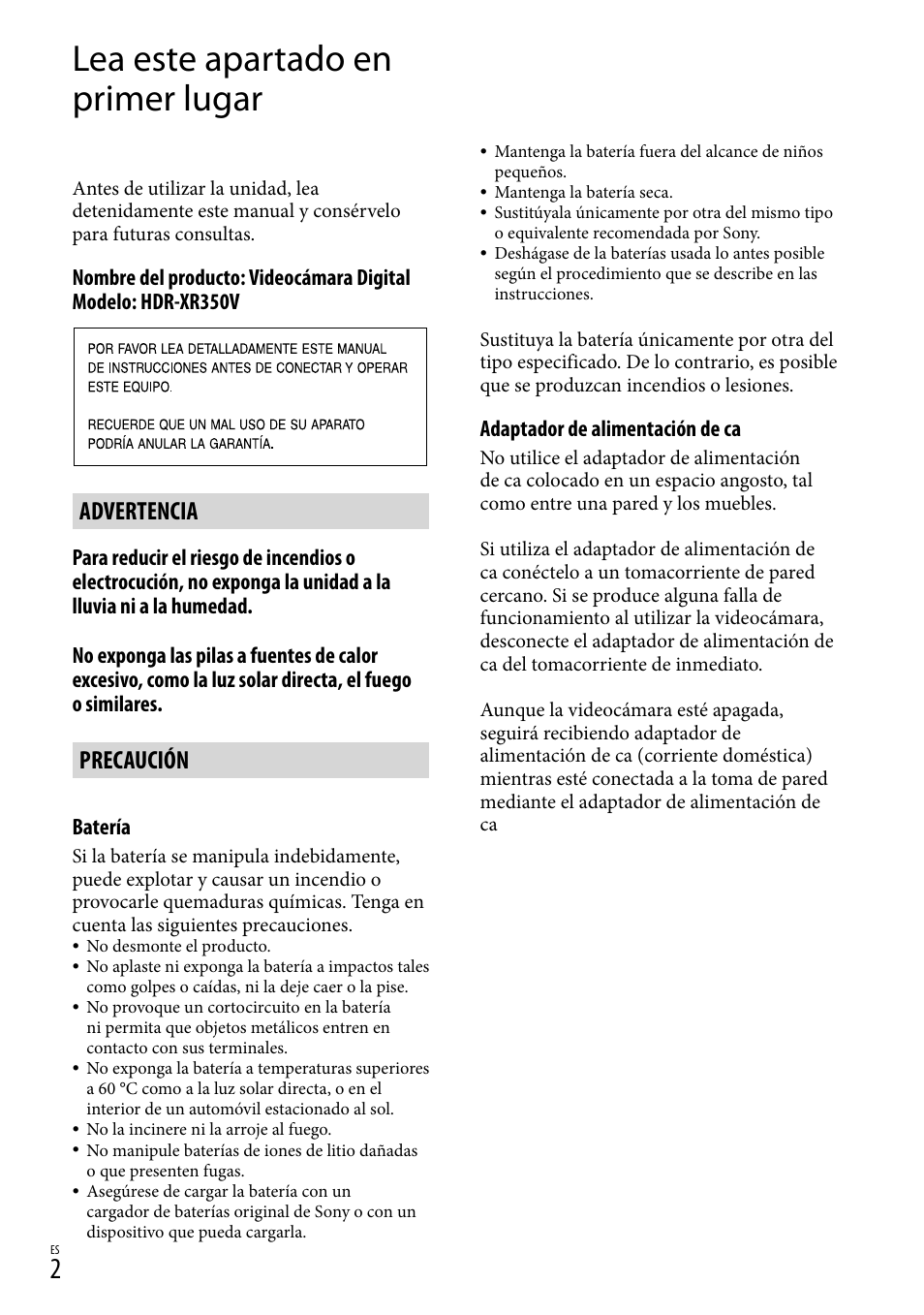 Lea este apartado en primer lugar, Advertencia, Precaución | Sony HDR-CX300 User Manual | Page 78 / 155