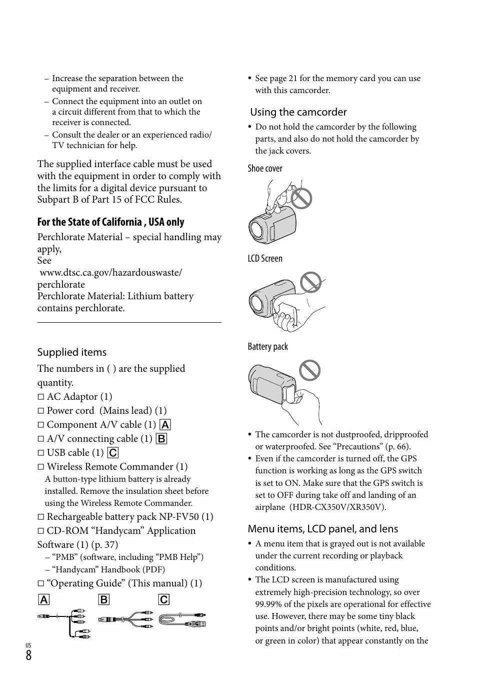 For the state of california , usa only, Supplied items, Using the camcorder | Menu items, lcd panel, and lens | Sony HDR-CX300 User Manual | Page 8 / 155