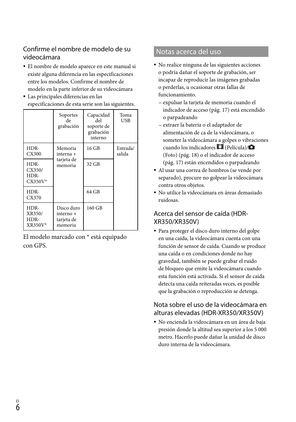 Notas acerca del uso, Confirme el nombre de modelo de su videocámara | Sony HDR-CX300 User Manual | Page 82 / 155