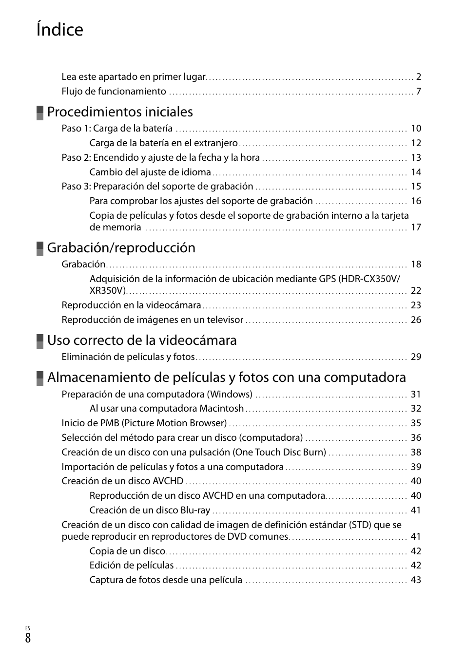 Índice, Procedimientos iniciales, Grabación/reproducción | Uso correcto de la videocámara | Sony HDR-CX300 User Manual | Page 84 / 155