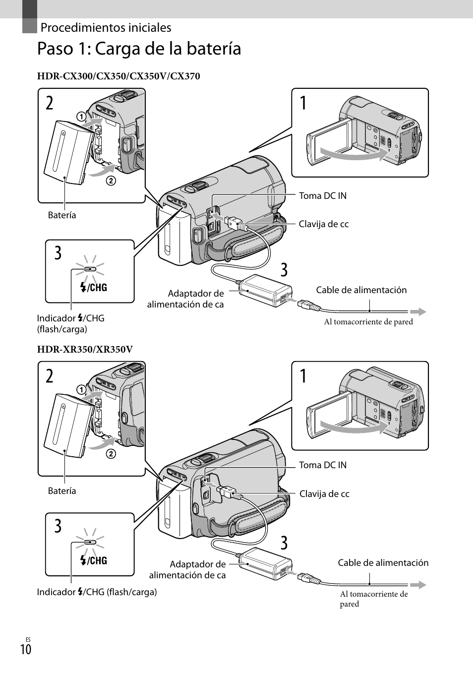Procedimientos iniciales, Paso 1: carga de la batería | Sony HDR-CX300 User Manual | Page 86 / 155