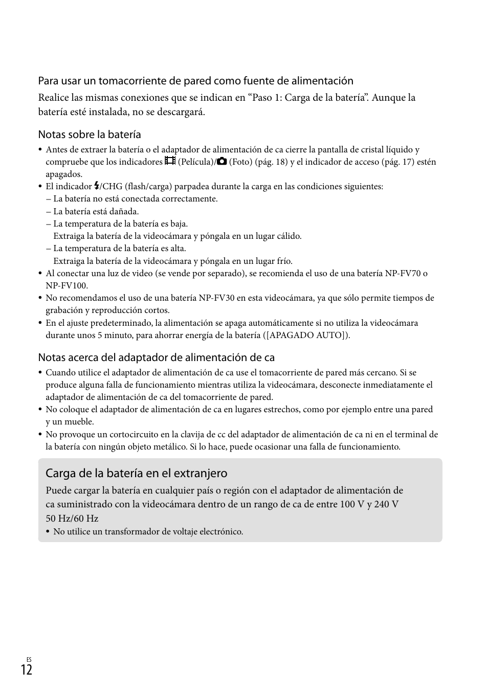 Carga de la batería en el extranjero, Notas sobre la batería, Notas acerca del adaptador de alimentación de ca | Sony HDR-CX300 User Manual | Page 88 / 155