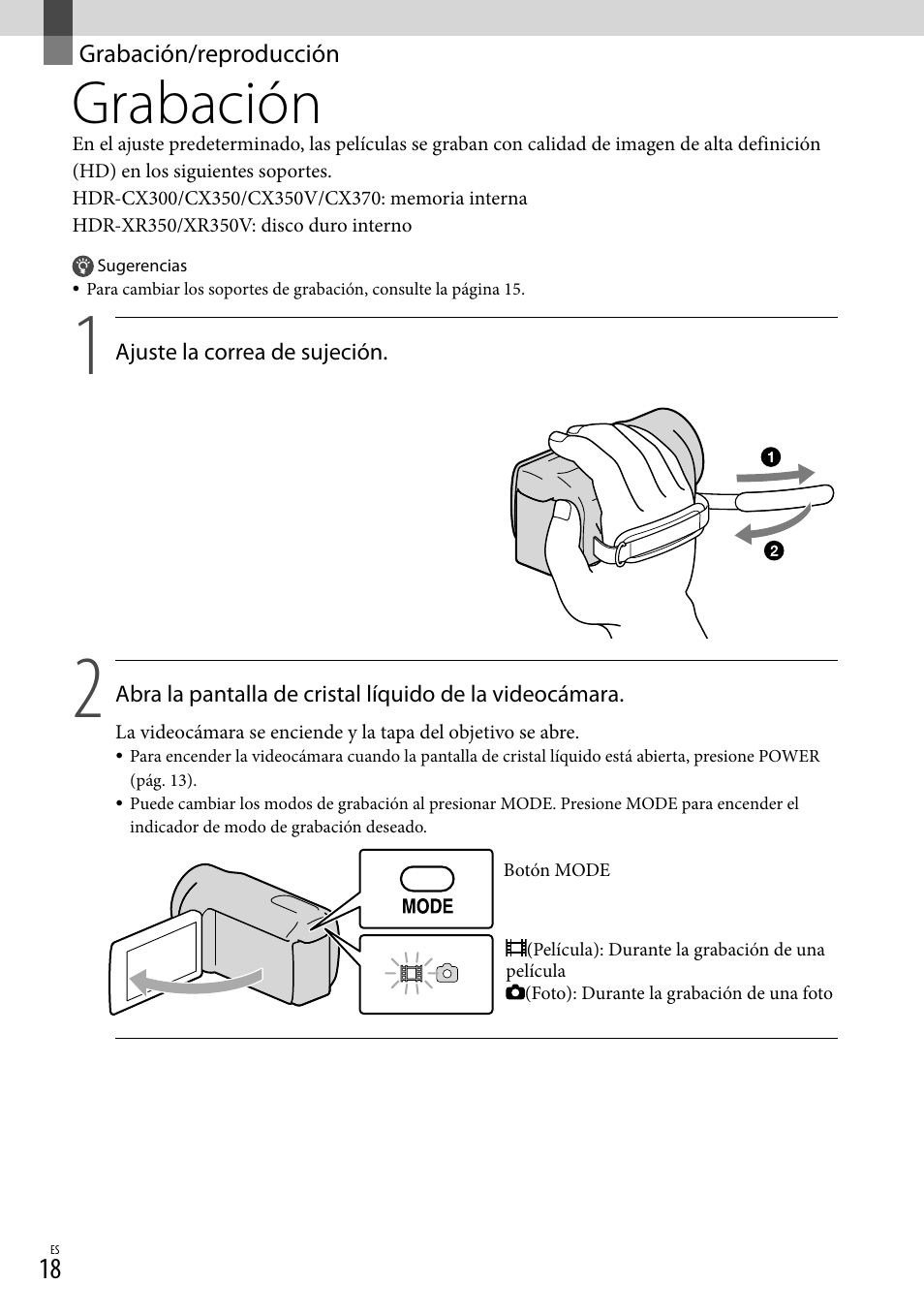 Grabación/reproducción, Grabación | Sony HDR-CX300 User Manual | Page 94 / 155