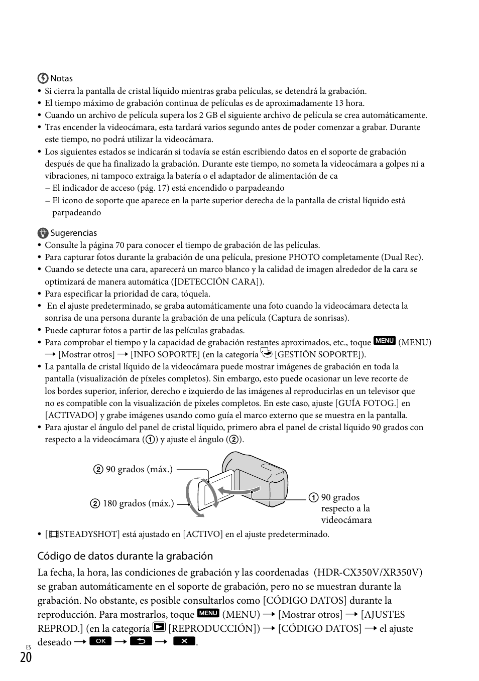 Código de datos durante la grabación | Sony HDR-CX300 User Manual | Page 96 / 155