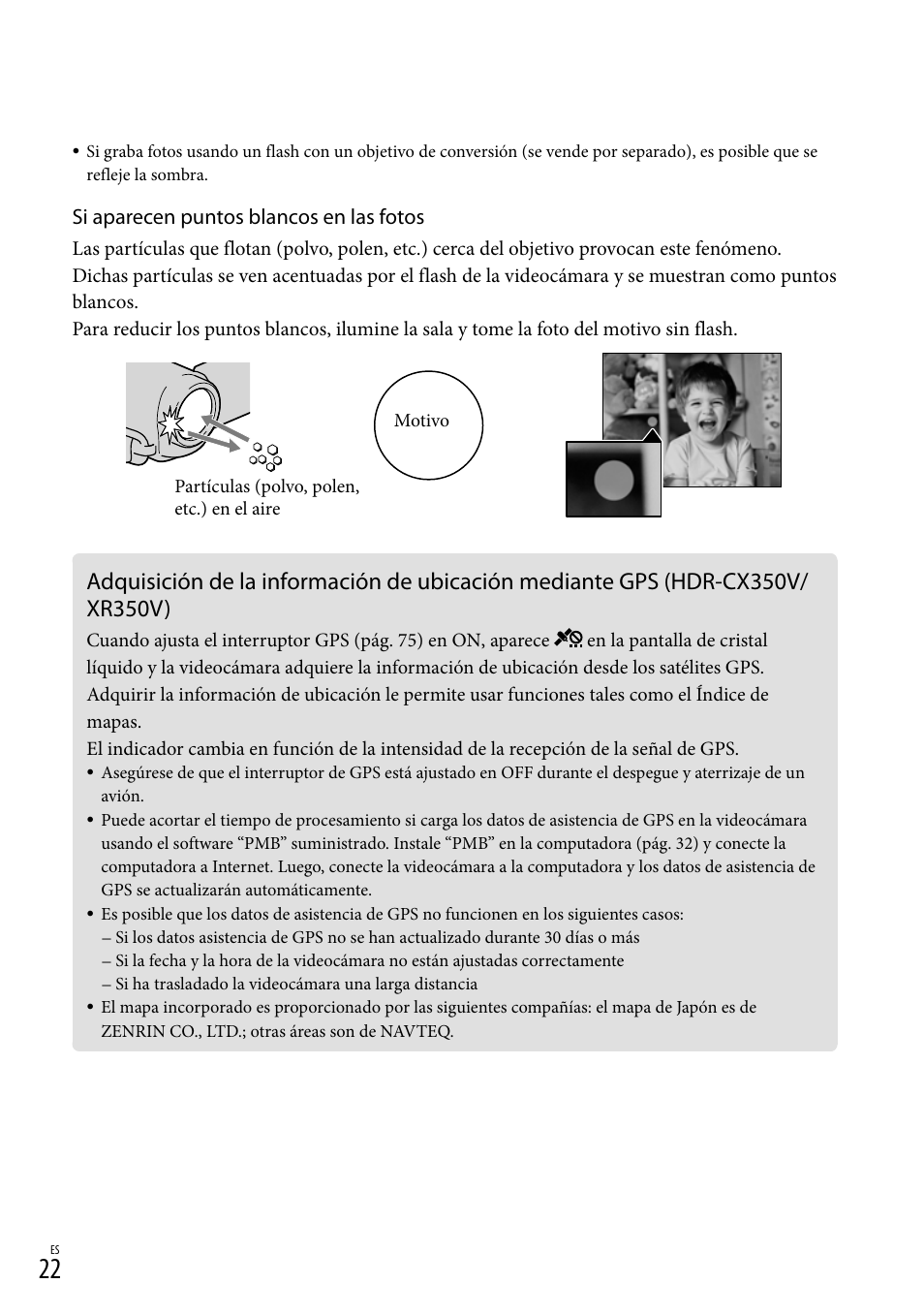 Xr350v), Si aparecen puntos blancos en las fotos | Sony HDR-CX300 User Manual | Page 98 / 155
