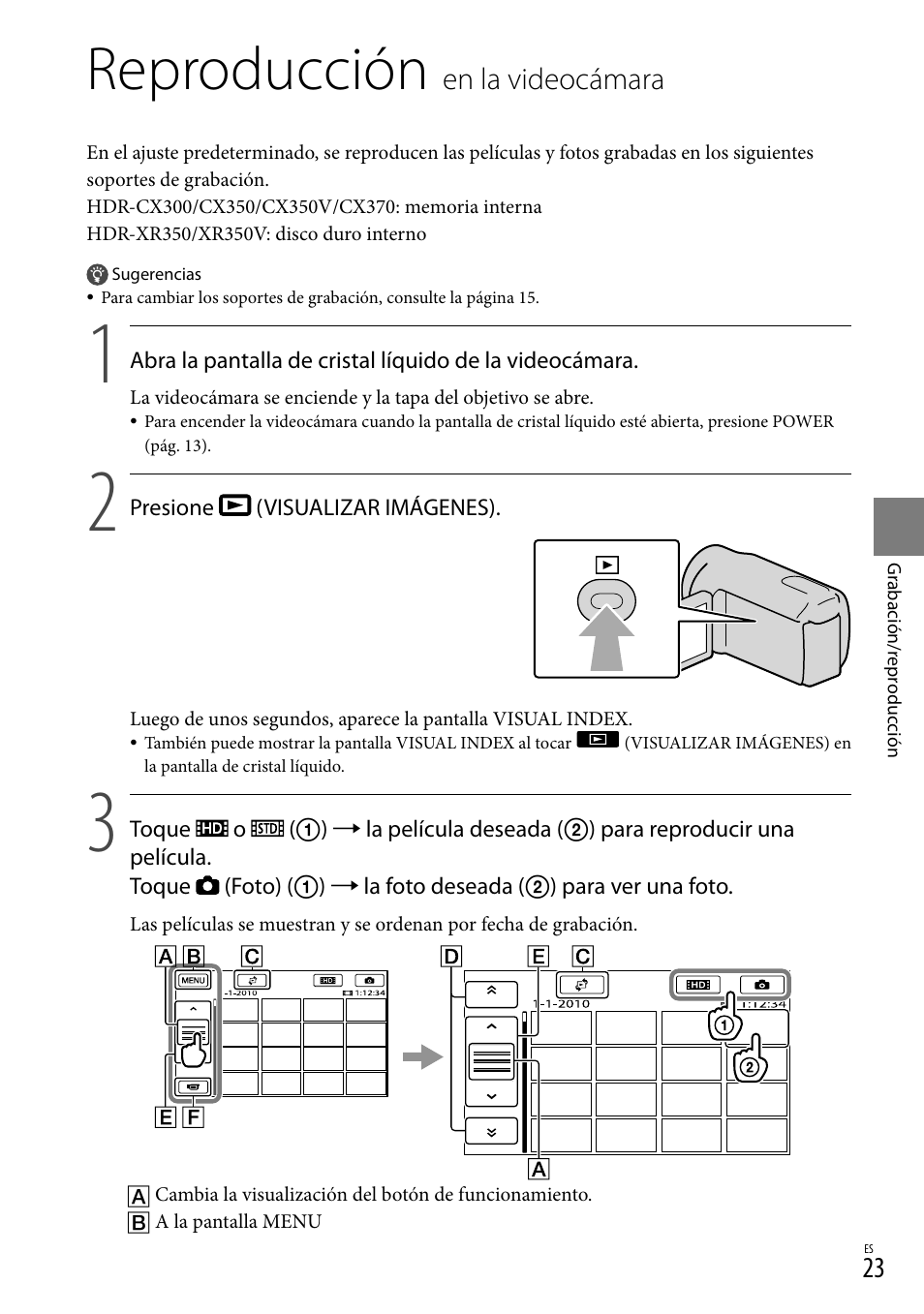 Reproducción en la videocámara, Reproducción, En la videocámara | Sony HDR-CX300 User Manual | Page 99 / 155