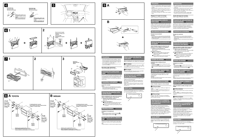 Toyota, Nissan, Précautions | Raccordement du cordon du frein à main, Raccordement d’un microphone, Retrait du tour de protection et du support, Exemple de montage, Retrait et ﬁxation de la façade, Touche reset, How to detach and attach the front panel | Sony MEX-DV2200 User Manual | Page 2 / 2