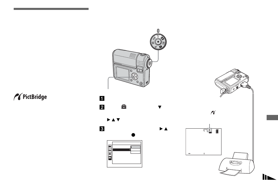 Still image printing (pictbridge printer), Connecting to a pictbridge compliant printer, Connecting to a pictbridge compliant | Printer, Preparing the camera, Connecting the camera to the printer | Sony DSC-F88 User Manual | Page 73 / 132