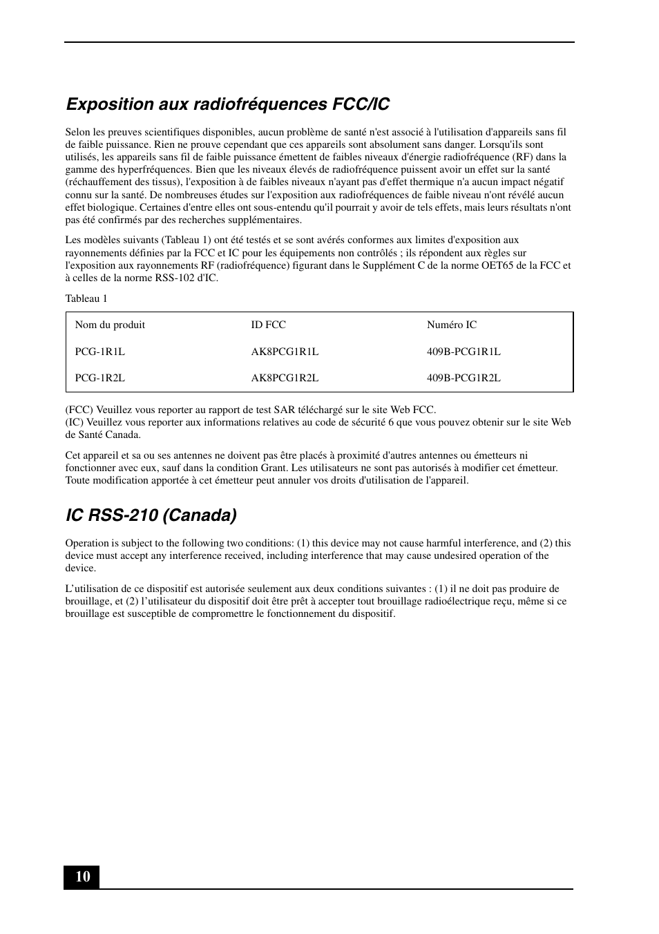 Exposition aux radiofréquences fcc/ic, Ic rss-210 (canada) | Sony VGN-P720K User Manual | Page 10 / 24