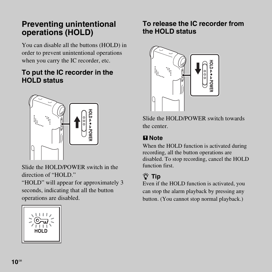 Preventing unintentional operations (hold) | Sony ICD-UX512BLK User Manual | Page 10 / 128