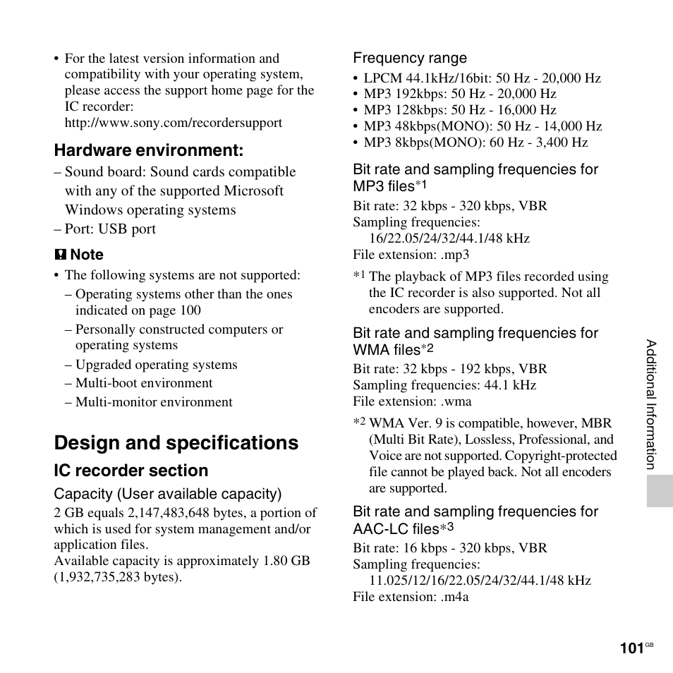 Design and specifications, Hardware environment | Sony ICD-UX512BLK User Manual | Page 101 / 128