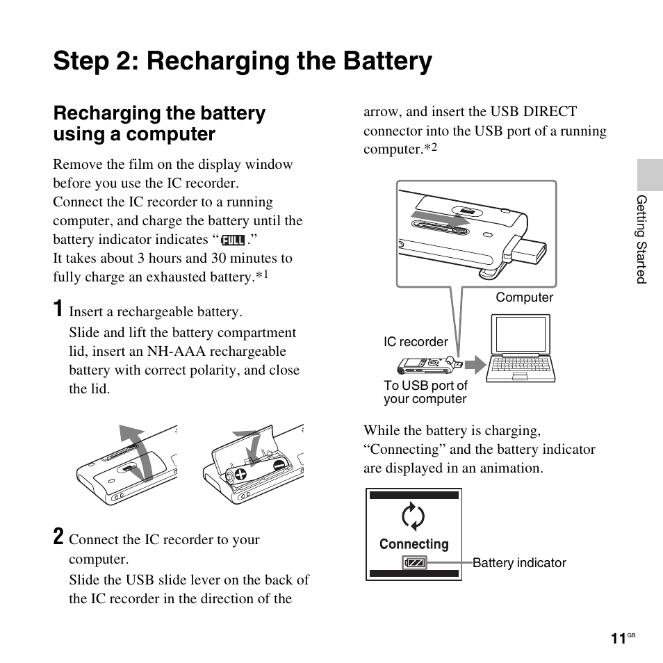 Step 2: recharging the battery, Recharging the battery using a computer | Sony ICD-UX512BLK User Manual | Page 11 / 128